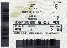 Ticket EM s/f Euro 92 Schweden: 22.06.92 Niederlande - Dänemark in Göteborg.