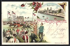 Lithographie Neuss, Pferderennen auf dem Rennplatz, Hafenpartie 1898 