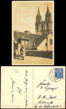 Ansichtskarte Meißen Dom, Frau mit Bollerwagen zur DDR-Zeit 1954