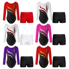 Mädchen Glitzer Turnanzug Langarm Trikot Leotard Gymnastik Tanz Body mit Shorts