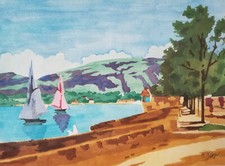 Aquarell: Segelboote am See