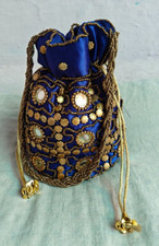 HANDGEMACHTE INDISCHE ETHNISCHE CLUTCH SEIDE POTLI BATWA BEUTEL TASCHE HANDTASCHE PERLENARBEITEN LESEN BLAU