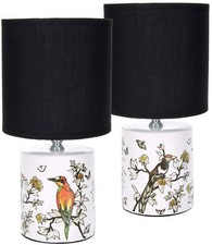 2er Set Tischlampen Vogelmotiv Keramik 30 cm Chinoiserie Stil Schwarz Weiß