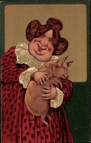Präge litho dicke frau mit - präge,