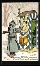 Soldat am Wachthäuschen mit Grog-Spender und Wurstkessel, Ansichtskarte 1917 