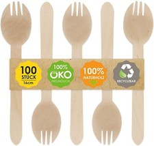JSM Einwegbesteck aus Holz - 100 Göffel (Gabel und Löffel 2 in 1) aus Birkenholz