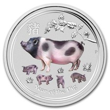 LUNAR SCHWEIN 2019 - 999 SILBER - KOLORIERT / FARBE - SILBERMÜNZE -SILBERBARREN 