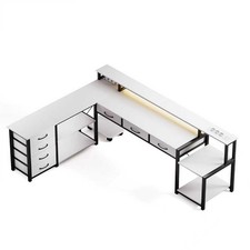 Weiß L Form Schreibtische mit 7 Schubladen Steckdosen Einstellbare LED Lights