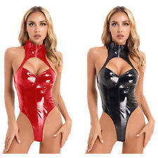 DE Damen Sexy Lack Leder Overall Kurz Stringbody Reißverschluss Party Tanzkostüm