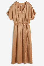 Satin-Kleid mit Bindegürtel Gr. 42 Eiskaffee Damen-Dress Midi Freizeitkleid Neu