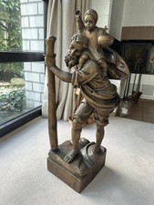 Christophorus mit Jesus - Handgeschnitzte christliche Holzstatue ca. 1 m