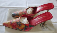 80er extravagante Glitzer Pantoletten 38 Rot bunt Kunstzucker Holzoptik Vintage