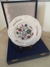 Weißer Marmor Pietra Dura Intarsien Teller 20 cm Taj Mahal Jali Indien Handmade