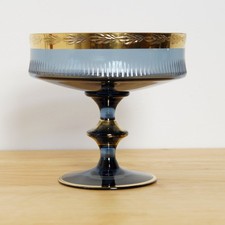 Glasschale mit Fuß Rauchglas blaugrau Goldrand Fußschale Snackschale Glaspokal