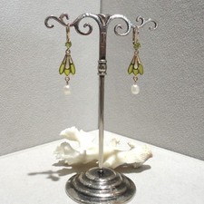 Jugendstil Schmuck Peridot Ohrringe Perle Emaille Silber 925/- gelb vergoldet