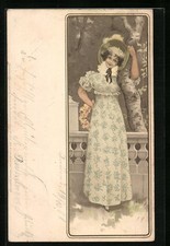 Fräulein im Kleid lehnt am Baum, Jugendstil, Ansichtskarte 1901 