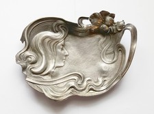 Jugendstil Zinn Schale um 1900 WMF - Visitenkartenschale Floral verziert Defekt 