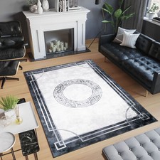 Teppich Kurzflor Rutschfest Waschbar Grau Creme Griechisches Muster Fransen