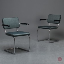 Thonet S64 PV Freischwinger mit Stoff Polster in Grün Grau Bauhaus Stuhl Breuer