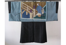 Handgenähter Herren Japanischer Kimono Jacke HAORI  Tsumugi Samurai-Motiv