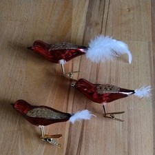 3 x Glas-Vogel rot gold mit Clip und Federn für Weihnachtsbaum Weihnachten Deko
