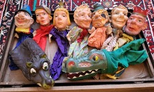 9 Handpuppen Kasperpuppen Kasperlepuppen antik 50er incl. Krokodil Räuber Wolf