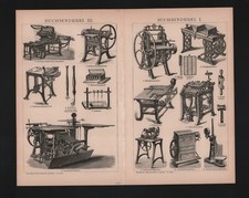 Lithografie 1893: Buchbinderei I-III. Pappschere Lederschärfmaschine