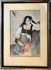 :AQUARELL PORTRÄT MÄDCHEN FRAU IM KLEID MIT VOGEL UND INSTRUMENT 1907 SIGNIERT