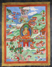 Antikes Meister Thangka im Brokat Leben des Buddha Tibet um 1910 Tempel Rollbild