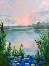 Teich Schilf Ölmalerei 30x40
