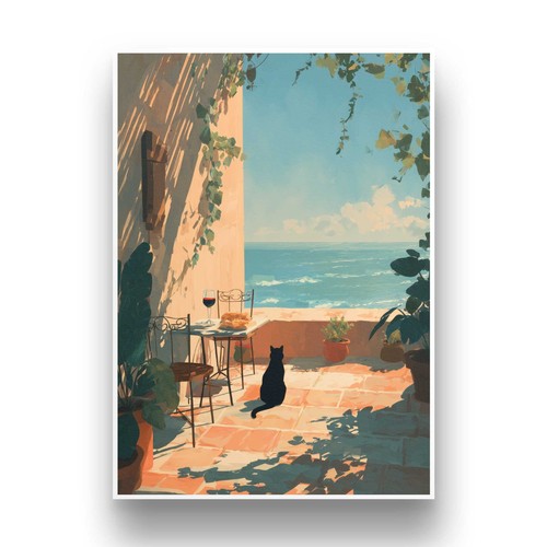 Kunstdruck katze terrasse meer - katze,