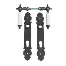 Jugendstil / Gründerzeit Haustürbeschlag Gußeisen antik, Porzellangriff 63-3b-GW