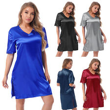 DE Damen Satin Nachthemd Kurzarm V-Ausschnitt Nachtkleid Pyjama Kleid Nachtwäsch