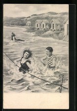 Künstler-AK Charles Scolik: Badespaß im See, Umkleidewagen 