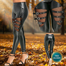 Damen Sexy Cut-Out Schlitzen Leder Leather Leggins Leggings Kunstleder Schwarz