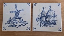 Delft Blauw, 2 Fliesen, Kacheln, Handbemalt, Delfter Blau, Org., antik,  15x15