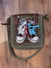 Tasche, Umhängetasche, grün/braun Leinen, mit Applikation stylish ausgefallen