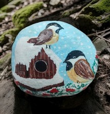 Bemalter Stein ? Vögel im Winter ca9×8cm