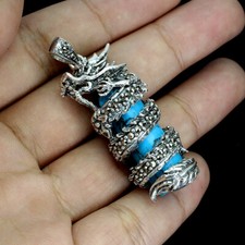 925 Sterling Silber Anhänger Türkis Stabilisiert 32x10m Markasit Drachen Schmuck