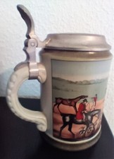 MR Marzi & Remy Design Keramik Bierkrug Humpen mit Zinndeckel - Pferde Vintage