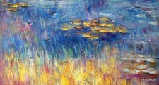 Original Öl Gemälde nach Claude Monet: "Nympheas en bleu et jaune" - 30 x 60 cm