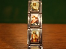 Vintage Edelstahl Gliederarmband "Italy" Dm 6cm  Federmechanismus Heiligenbilder