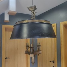 Antike Deckenleuchte Anfang 20. Jahrhundert Bouillotte Messing und Emaille 3 Birnen