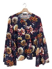 TIGHA Langarm-Bluse Damen Bluse Gr. DE 38 blau-hellorange-rot Party-Look