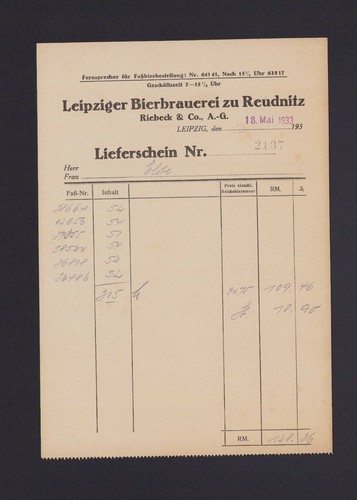 Leipzig rechnung 1933 - leipzig,,