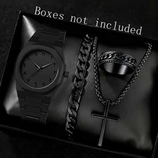 4er Set Herren Uhren Schwarz Quarz Uhr Schmuckset Modisch Business Geschenkset