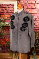 Vintage 90er Bluse silber grau bestickt Boho L