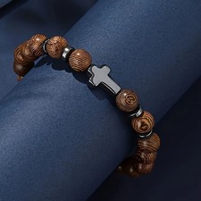 Perlenarmband Armband Holz Holzperlen Kreuz Damenarmband 18,5 - 19 cm