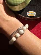 Fossil Stretch Flex Armband mit weißen Kugel und 3 x Silberringen 925er Silber
