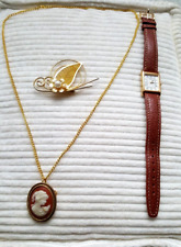 Seiko Armbanduhr, Kette, Anhänger, Brosche mit Perle, gold braun, weiß fast neu